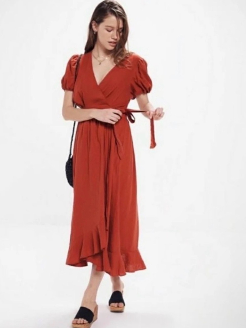 Urban Outfitters Rust Wrap Midi Dress with Puff Sleeves